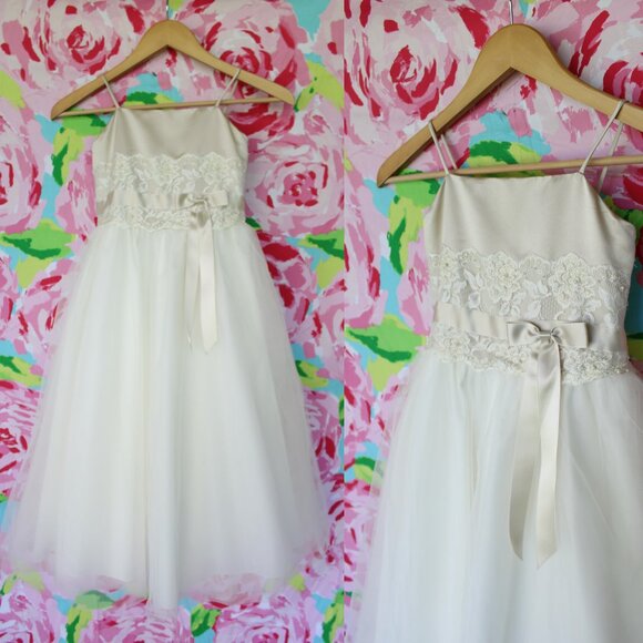 David's Bridal Champagne lace bead tulle flower girl Pageant princess dress 6